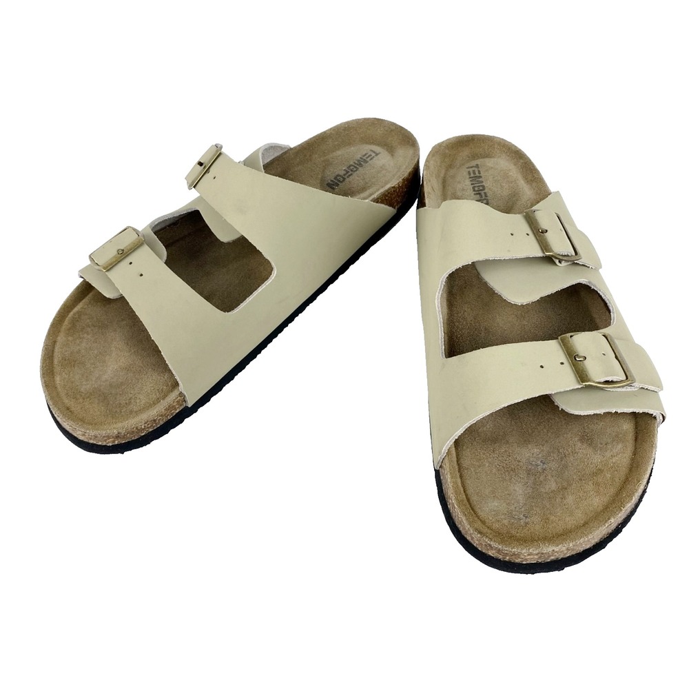 Temofon Leather Sandals Womens 11 Contoured Cork Footbed Two Straps Beige LKNU